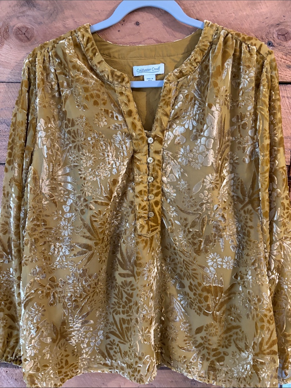 Coldwater Creek Mustard Gold Velvet Burnout Floral Henley Blouse